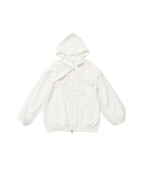 Lolime by mellfy memory(ロリミー バイ メルフィーメモリー)の「ribbon frill hood zip-up(パーカー・レディース・グレー/ピンク/ホワイト・FREE)」の1枚目の写真