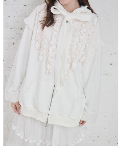 Lolime by mellfy memory(ロリミー バイ メルフィーメモリー)の「ribbon frill hood zip-up(パーカー・レディース・グレー/ピンク/ホワイト・FREE)」の6枚目の写真