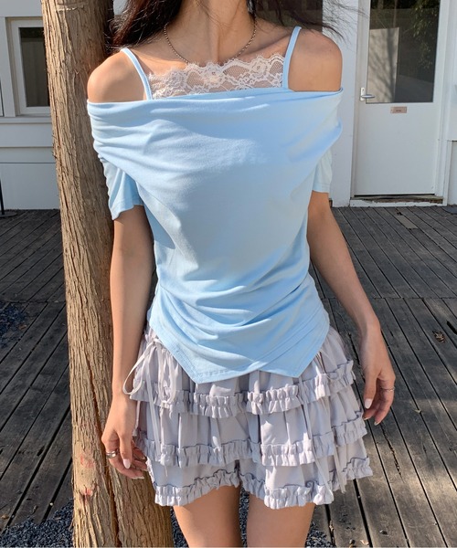 Siel(シエル)の「レースキャミ付きドレープネックカットソー(Tシャツ/カットソー・レディース・ホワイト/ピンク/ブラック・FREE)」の5枚目の写真