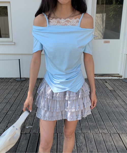 Siel(シエル)の「レースキャミ付きドレープネックカットソー(Tシャツ/カットソー・レディース・ホワイト/ピンク/ブラック・FREE)」の7枚目の写真