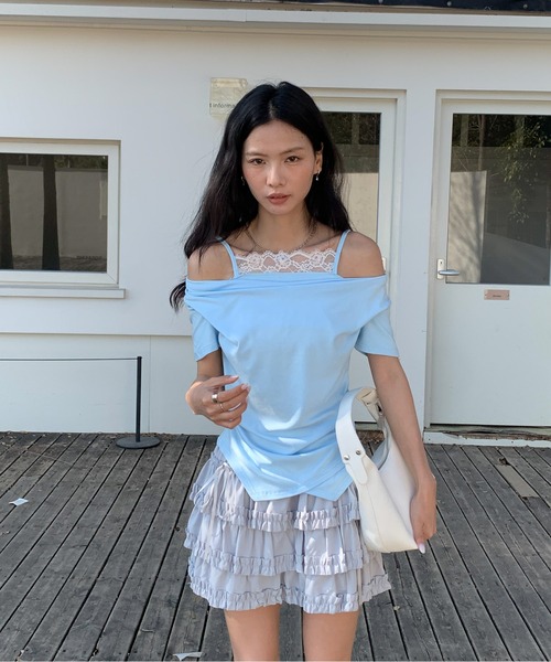 Siel(シエル)の「レースキャミ付きドレープネックカットソー(Tシャツ/カットソー・レディース・ホワイト/ピンク/ブラック・FREE)」の4枚目の写真