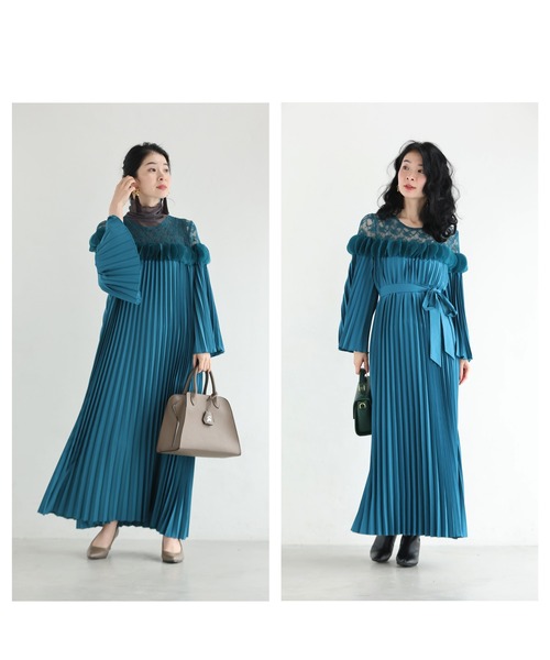 cawaii(カワイイ)の「ひらひらサークルデコレーションの切り替えプリーツロングワンピース(リボンベルト付き)(ワンピース・レディース・ピンク/ブルー・FREE)」の4枚目の写真