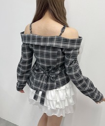 リボンベルトオフショルチェックシャツ
