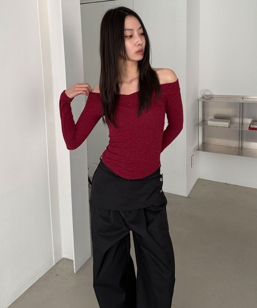 4INT.(フォイント)の「サイドボタン レイヤード ラップ ワイド スラックス パンツ(スラックス・レディース・ブラック/ブラウン/ホワイト・M/S)」の9枚目の写真