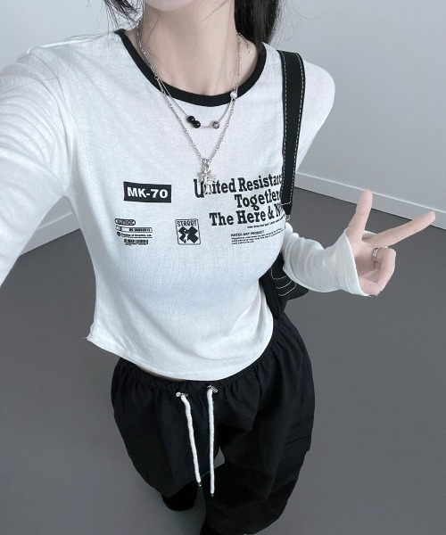 Emilie(エミリー)の「フロントプリント コンパクトロンT(Tシャツ/カットソー・レディース・ピンク/アイボリー/ブラック/カーキ・FREE)」の9枚目の写真