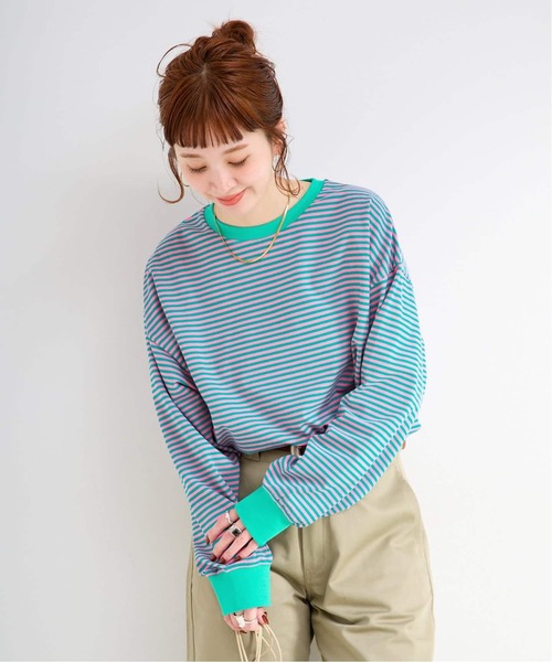 B.C STOCK（ベーセーストック）の「《追加7》【WEB限定】ウォッシャブル / ボーダーロンTEE（Tシャツ/カットソー・レディース・イエロー/ピンク/パープル系その他/グリーン・FREE）」の9枚目の写真