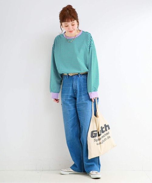 B.C STOCK（ベーセーストック）の「《追加7》【WEB限定】ウォッシャブル / ボーダーロンTEE（Tシャツ/カットソー・レディース・イエロー/ピンク/パープル系その他/グリーン・FREE）」の14枚目の写真