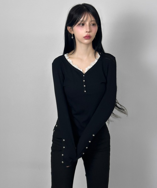 FOLLOWIN（フォロウィン）の「レースドッキングリブトップス（Tシャツ/カットソー・レディース・ホワイト/グレー/ブラック・FREE）」の16枚目の写真