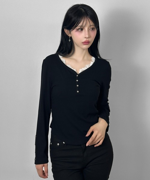 FOLLOWIN（フォロウィン）の「レースドッキングリブトップス（Tシャツ/カットソー・レディース・ホワイト/グレー/ブラック・FREE）」の20枚目の写真