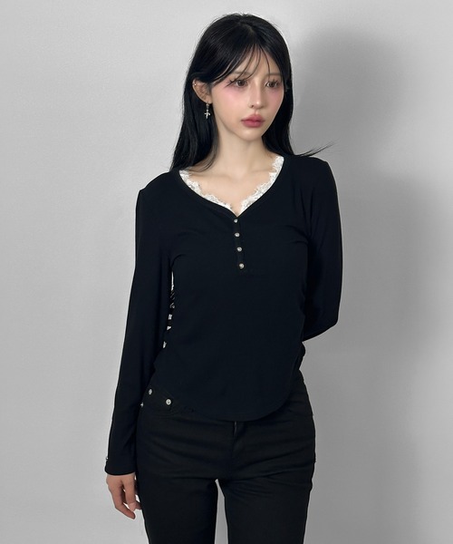FOLLOWIN（フォロウィン）の「レースドッキングリブトップス（Tシャツ/カットソー・レディース・ホワイト/グレー/ブラック・FREE）」の21枚目の写真