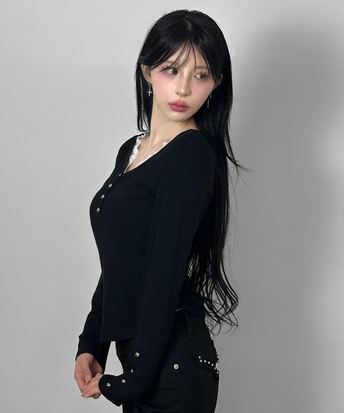 FOLLOWIN（フォロウィン）の「レースドッキングリブトップス（Tシャツ/カットソー・レディース・ホワイト/グレー/ブラック・FREE）」の22枚目の写真