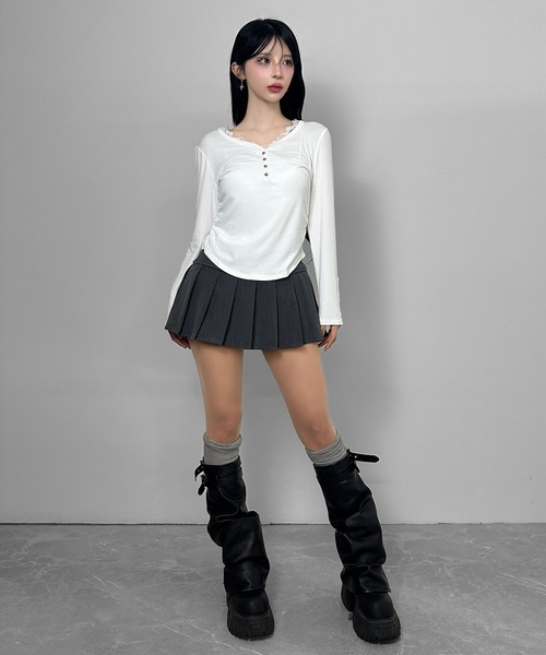 FOLLOWIN（フォロウィン）の「レースドッキングリブトップス（Tシャツ/カットソー・レディース・ホワイト/グレー/ブラック・FREE）」の6枚目の写真