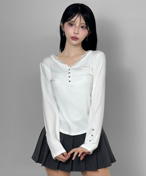 FOLLOWIN（フォロウィン）の「レースドッキングリブトップス（Tシャツ/カットソー・レディース・ホワイト/グレー/ブラック・FREE）」の7枚目の写真