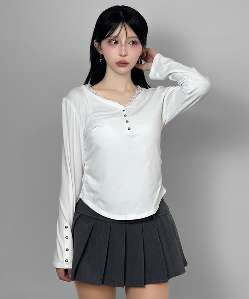 FOLLOWIN（フォロウィン）の「レースドッキングリブトップス（Tシャツ/カットソー・レディース・ホワイト/グレー/ブラック・FREE）」の9枚目の写真