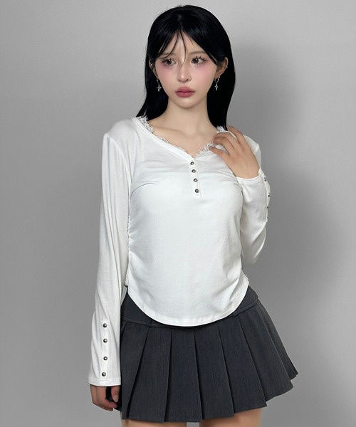 FOLLOWIN（フォロウィン）の「レースドッキングリブトップス（Tシャツ/カットソー・レディース・ホワイト/グレー/ブラック・FREE）」の10枚目の写真
