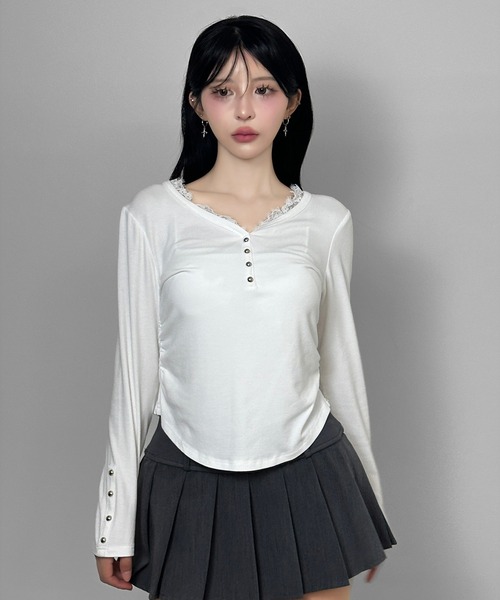 FOLLOWIN（フォロウィン）の「レースドッキングリブトップス（Tシャツ/カットソー・レディース・ホワイト/グレー/ブラック・FREE）」の11枚目の写真