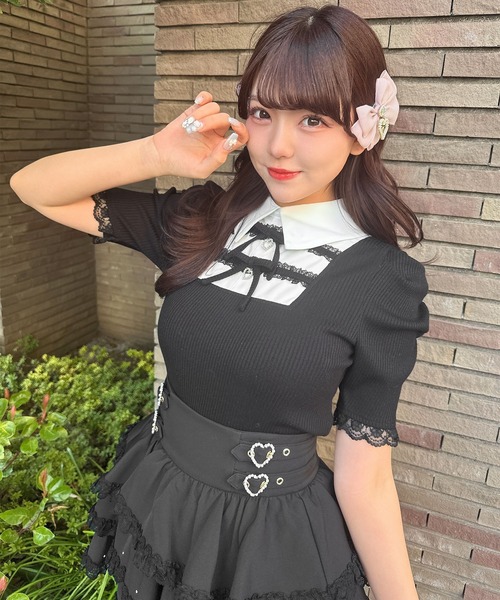 ROJITA（ロジータ）の「【SNSで大バズリ中/ピンク予約販売】ダブルリボン配色レイヤードトップス（Tシャツ/カットソー・レディース・ブラック/グレー/ピンク・FREE）」の2枚目の写真