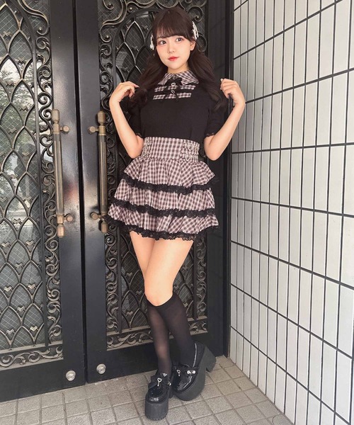 ROJITA（ロジータ）の「【SNSで大バズリ中/ピンク予約販売】ダブルリボン配色レイヤードトップス（Tシャツ/カットソー・レディース・ブラック/グレー/ピンク・FREE）」の6枚目の写真