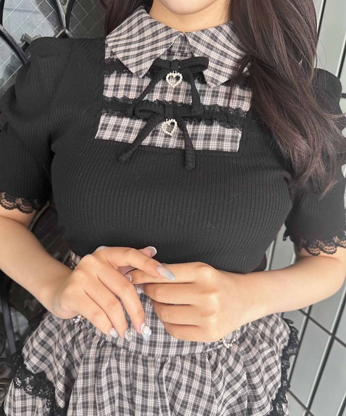 ROJITA（ロジータ）の「【SNSで大バズリ中/ピンク予約販売】ダブルリボン配色レイヤードトップス（Tシャツ/カットソー・レディース・ブラック/グレー/ピンク・FREE）」の9枚目の写真