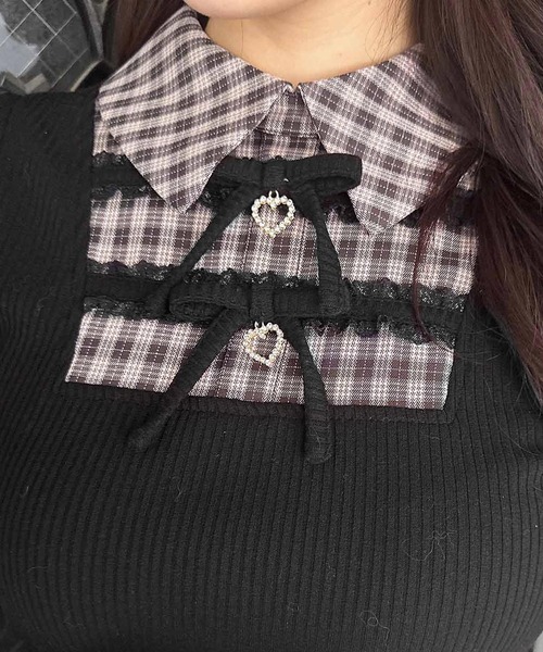 ROJITA（ロジータ）の「【SNSで大バズリ中/ピンク予約販売】ダブルリボン配色レイヤードトップス（Tシャツ/カットソー・レディース・ブラック/グレー/ピンク・FREE）」の11枚目の写真