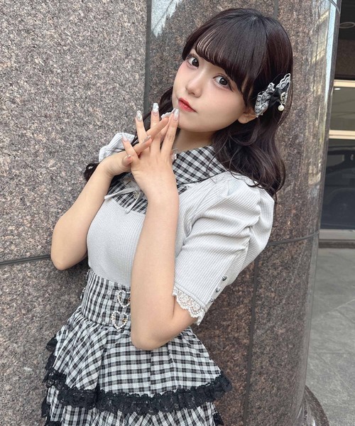 ROJITA（ロジータ）の「【SNSで大バズリ中/ピンク予約販売】ダブルリボン配色レイヤードトップス（Tシャツ/カットソー・レディース・ブラック/グレー/ピンク・FREE）」の4枚目の写真