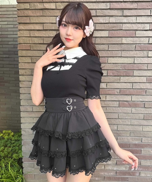 ROJITA（ロジータ）の「【SNSで大バズリ中/ピンク予約販売】ダブルリボン配色レイヤードトップス（Tシャツ/カットソー・レディース・ブラック/グレー/ピンク・FREE）」の17枚目の写真