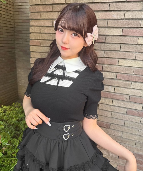 ROJITA（ロジータ）の「【SNSで大バズリ中/ピンク予約販売】ダブルリボン配色レイヤードトップス（Tシャツ/カットソー・レディース・ブラック/グレー/ピンク・FREE）」の14枚目の写真