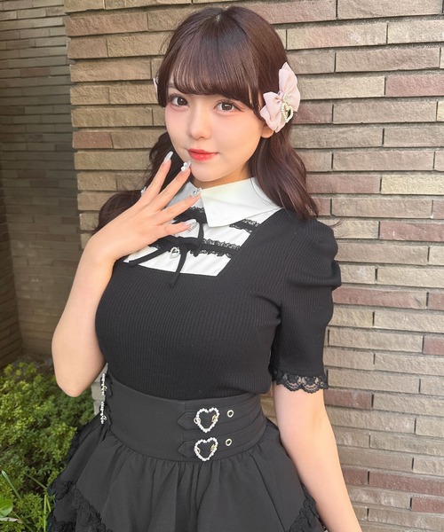 ROJITA（ロジータ）の「【SNSで大バズリ中/ピンク予約販売】ダブルリボン配色レイヤードトップス（Tシャツ/カットソー・レディース・ブラック/グレー/ピンク・FREE）」の15枚目の写真