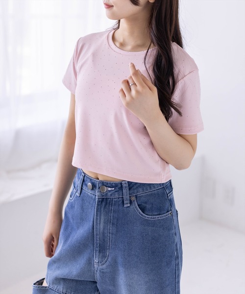 clear（クリア）の「ラインストーンチビT［骨格ウェーブ/Y2K/コンパクトTシャツ］（Tシャツ/カットソー・レディース・ブラック/チャコールグレー/オフホワイト/ピンク・F）」の4枚目の写真
