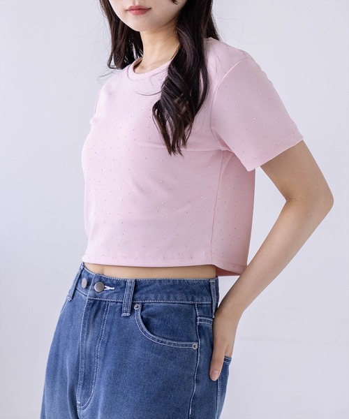 clear（クリア）の「ラインストーンチビT［骨格ウェーブ/Y2K/コンパクトTシャツ］（Tシャツ/カットソー・レディース・ブラック/チャコールグレー/オフホワイト/ピンク・F）」の5枚目の写真