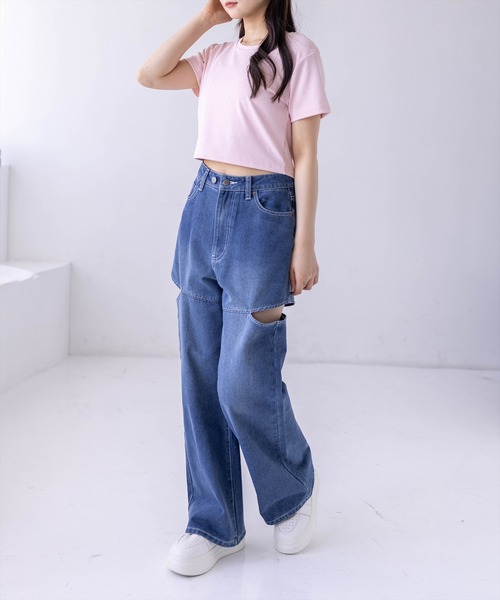clear（クリア）の「ラインストーンチビT［骨格ウェーブ/Y2K/コンパクトTシャツ］（Tシャツ/カットソー・レディース・ブラック/チャコールグレー/オフホワイト/ピンク・F）」の9枚目の写真