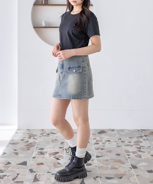 clear（クリア）の「ラインストーンチビT［骨格ウェーブ/Y2K/コンパクトTシャツ］（Tシャツ/カットソー・レディース・ブラック/チャコールグレー/オフホワイト/ピンク・F）」の20枚目の写真