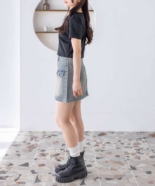 clear（クリア）の「ラインストーンチビT［骨格ウェーブ/Y2K/コンパクトTシャツ］（Tシャツ/カットソー・レディース・ブラック/チャコールグレー/オフホワイト/ピンク・F）」の21枚目の写真