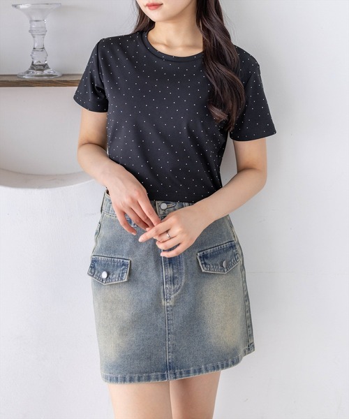 clear（クリア）の「ラインストーンチビT［骨格ウェーブ/Y2K/コンパクトTシャツ］（Tシャツ/カットソー・レディース・ブラック/チャコールグレー/オフホワイト/ピンク・F）」の19枚目の写真