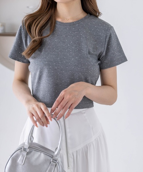 clear（クリア）の「ラインストーンチビT［骨格ウェーブ/Y2K/コンパクトTシャツ］（Tシャツ/カットソー・レディース・ブラック/チャコールグレー/オフホワイト/ピンク・F）」の10枚目の写真