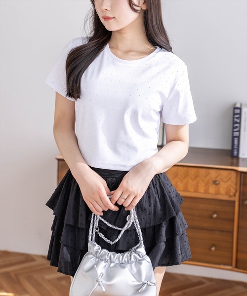 clear（クリア）の「ラインストーンチビT［骨格ウェーブ/Y2K/コンパクトTシャツ］（Tシャツ/カットソー・レディース・ブラック/チャコールグレー/オフホワイト/ピンク・F）」の16枚目の写真