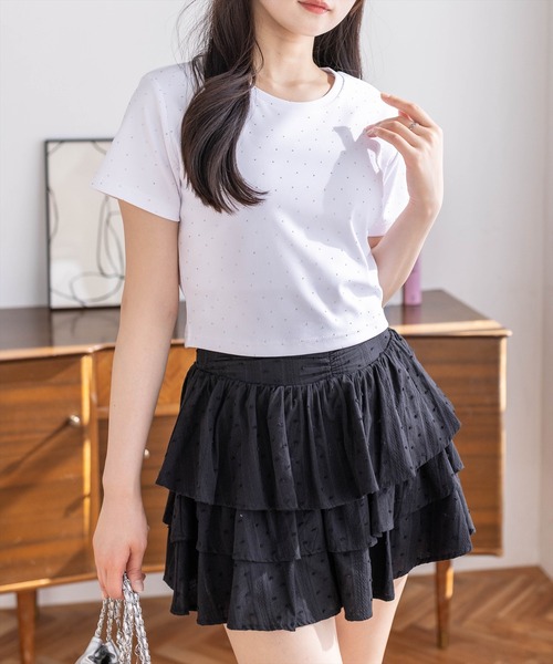 clear（クリア）の「ラインストーンチビT［骨格ウェーブ/Y2K/コンパクトTシャツ］（Tシャツ/カットソー・レディース・ブラック/チャコールグレー/オフホワイト/ピンク・F）」の15枚目の写真