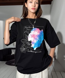 グラフィック アート ワイドシルエット 裾ドロスト ストレッチ 半袖Tシャツ