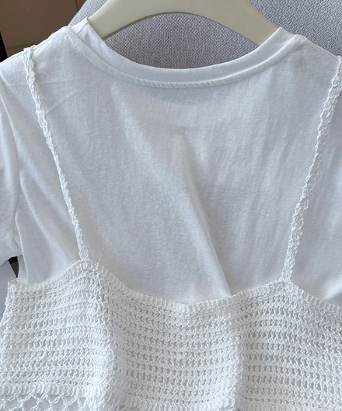 AMAJI（アマジ）の「【2点セット】クロシェ編み レースキャミ × Tシャツ / アンサンブル / レイヤード / 韓国ファッション / ガーリー / 2026 SS（Tシャツ/カットソー・レディース・グレー/ホワイト・FREE）」の8枚目の写真