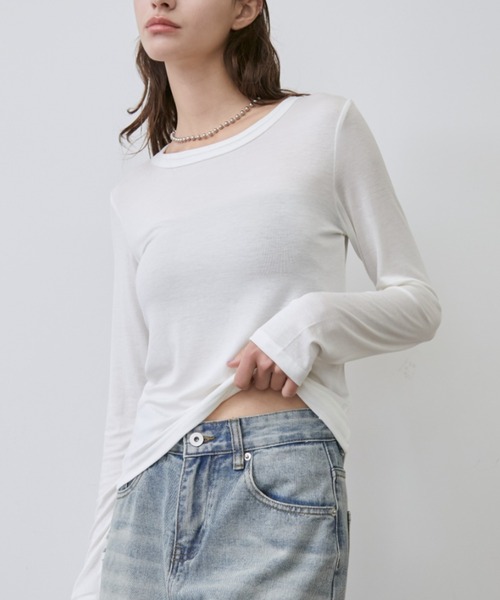 Rohwel(ローウェル)の「Sheer Simple Top / シアーシンプルトップス(Tシャツ/カットソー・レディース・ホワイト/ミント/パープル/ブラック/グレー・FREE)」の2枚目の写真