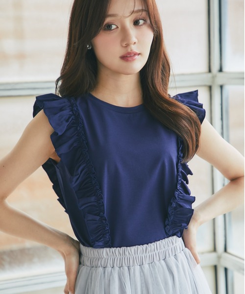 tocco closet(トッコ クローゼット)の「UVカット&接触冷感&汗染み防止♪サイドフリルTシャツ(Tシャツ/カットソー・レディース・ネイビー/ピンク/オフホワイト・M)」の2枚目の写真