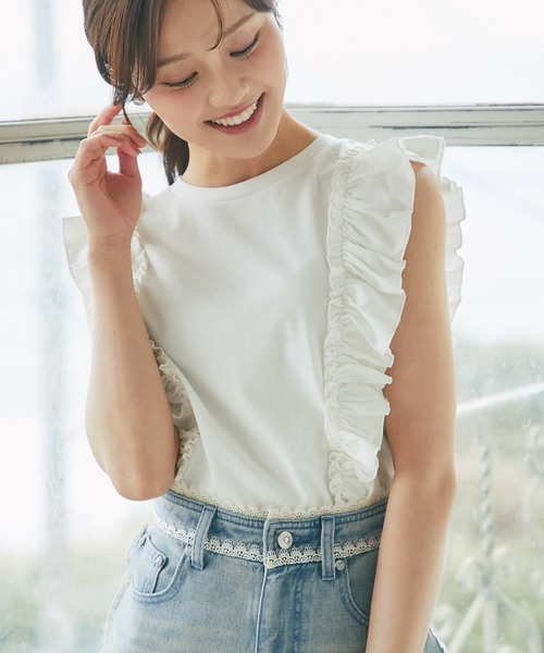 tocco closet(トッコ クローゼット)の「UVカット&接触冷感&汗染み防止♪サイドフリルTシャツ(Tシャツ/カットソー・レディース・ネイビー/ピンク/オフホワイト・M)」の1枚目の写真