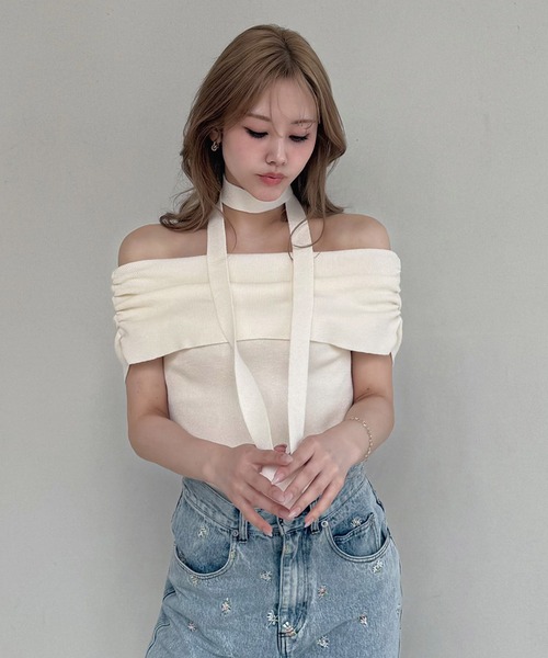 ROYAL PARTY(ロイヤルパーティー)の「ストール付オフショルギャザーラメニットトップス(ニット/セーター・レディース・ピンク/ブルー/ブラック/オフホワイト・FREE)」の10枚目の写真