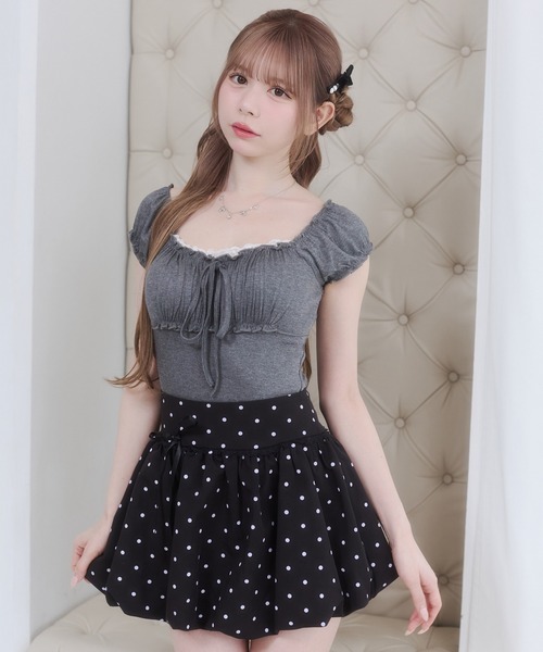 Rmine(アールマイン)の「ギャザーデザインフロントリボントップス(半袖)(Tシャツ/カットソー・レディース・グレー/パープル/ホワイト・SMALL)」の18枚目の写真