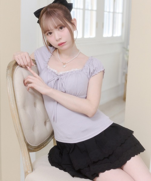 Rmine(アールマイン)の「ギャザーデザインフロントリボントップス(半袖)(Tシャツ/カットソー・レディース・グレー/パープル/ホワイト・SMALL)」の8枚目の写真