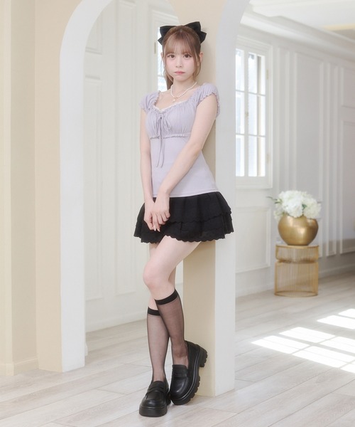 Rmine(アールマイン)の「ギャザーデザインフロントリボントップス(半袖)(Tシャツ/カットソー・レディース・グレー/パープル/ホワイト・SMALL)」の7枚目の写真