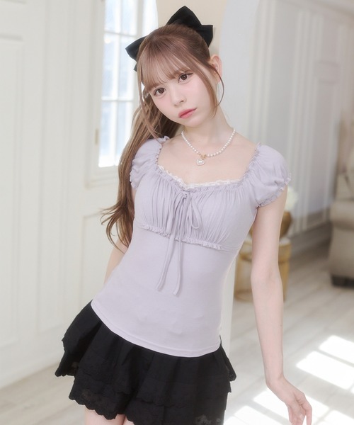 Rmine(アールマイン)の「ギャザーデザインフロントリボントップス(半袖)(Tシャツ/カットソー・レディース・グレー/パープル/ホワイト・SMALL)」の9枚目の写真