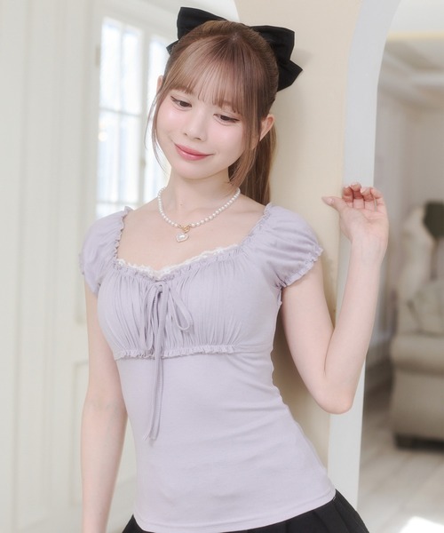 Rmine(アールマイン)の「ギャザーデザインフロントリボントップス(半袖)(Tシャツ/カットソー・レディース・グレー/パープル/ホワイト・SMALL)」の10枚目の写真