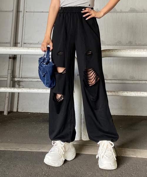 non-hedge(ノンヘッジ)の「ダメージスウェットワイドパンツ(スウェットパンツ・レディース・ブラック/チャコールグレー/グレー・FREE)」の7枚目の写真