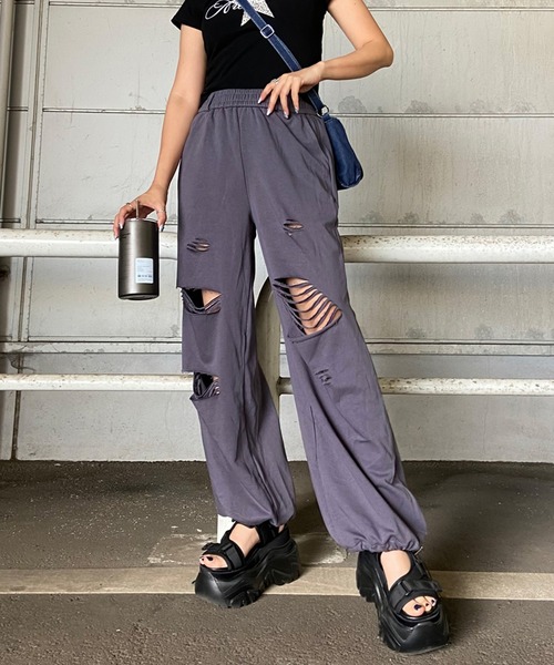 non-hedge(ノンヘッジ)の「ダメージスウェットワイドパンツ(スウェットパンツ・レディース・ブラック/チャコールグレー/グレー・FREE)」の11枚目の写真